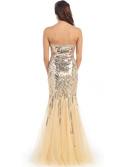 D8646 Strapless Sweetheart Sequins Mesh-Overlay Prom Dress - Gold, Back View Medium