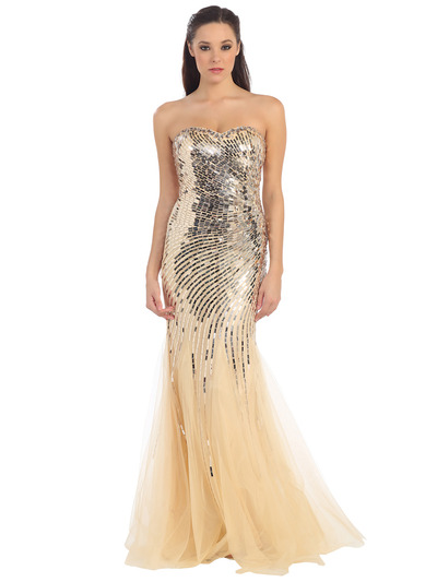 D8646 Strapless Sweetheart Sequins Mesh-Overlay Prom Dress - Gold, Front View Medium
