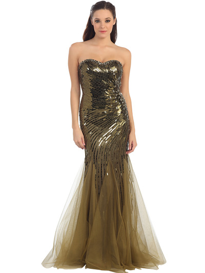 D8646 Strapless Sweetheart Sequins Mesh-Overlay Prom Dress - Olive, Front View Medium