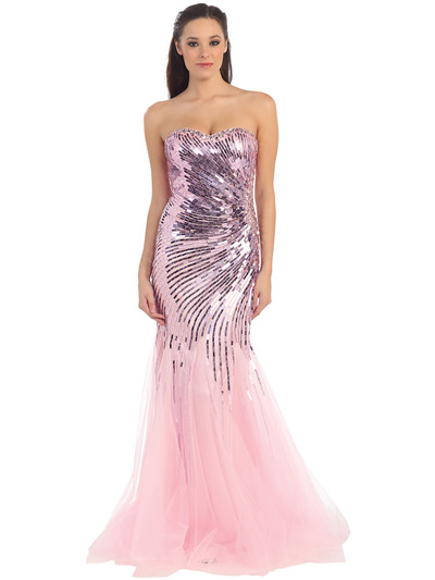 D8646 Strapless Sweetheart Sequins Mesh-Overlay Prom Dress - Pink, Front View Medium