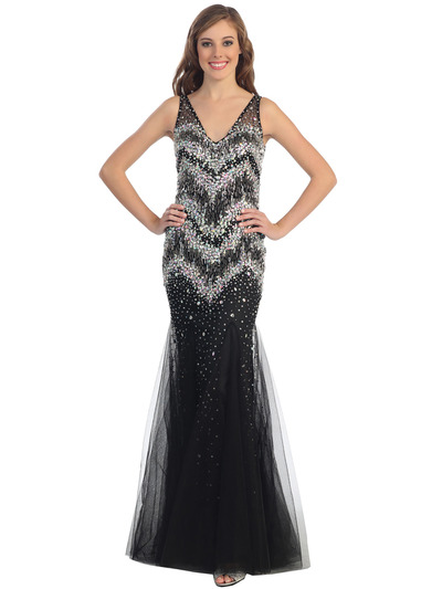 D8648 Netted Overlay Prom Dress - Black, Front View Medium