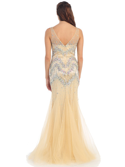 D8648 Netted Overlay Prom Dress - Gold, Back View Medium