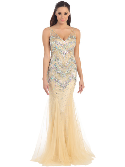 D8648 Netted Overlay Prom Dress - Gold, Front View Medium