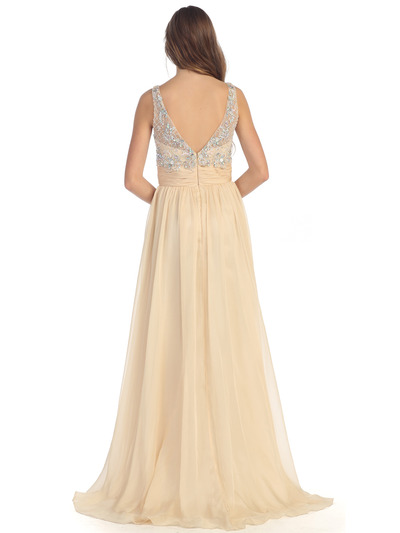 D8681 Jeweled Illusion Yoke Long Prom Dress - Champagne, Back View Medium