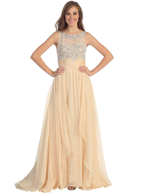 D8681 Jeweled Illusion Yoke Long Prom Dress, Champagne