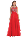 D8681 Jeweled Illusion Yoke Long Prom Dress - Red, Front View Thumbnail