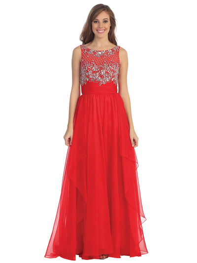 D8681 Jeweled Illusion Yoke Long Prom Dress - Red, Front View Medium