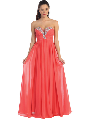D8693 Plunging Strapless Prom Dress, Coral