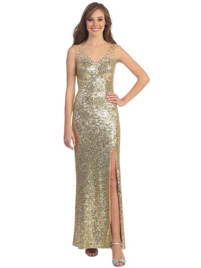 D8694 Embellished Shoulder Sequins Gown - Gold, Front View Medium