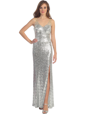 D8694 Embellished Shoulder Sequins Gown, Silver