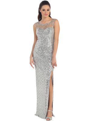 D8698 Illusion Yoke Sequin Bodice Evening Dress with Slit , Silver