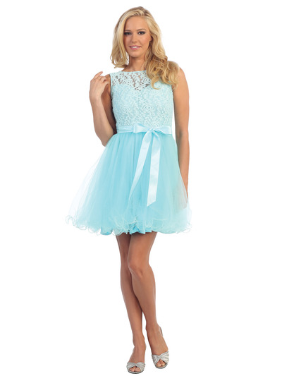 D8741 Lace Top Cocktail Dress with Satin Sash - Baby Blue, Front View Medium