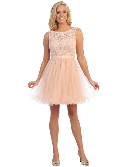 D8741 Lace Top Cocktail Dress with Satin Sash - Peach, Front View Medium