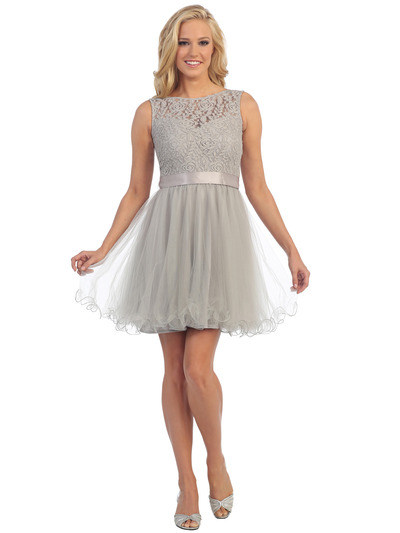 D8741 Lace Top Cocktail Dress with Satin Sash - White, Front View Medium