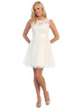 D8741 Lace Top Cocktail Dress with Satin Sash - Silver, Front View Thumbnail