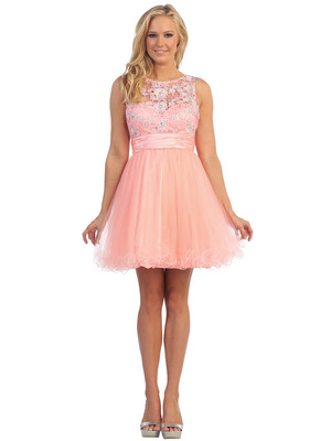 D8798 Lace and Sparkling Top Cocktail Dress, Neon Peach