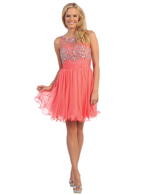 D8806 Darling Beads and Sequins Bodice Cocktail Dress, Coral