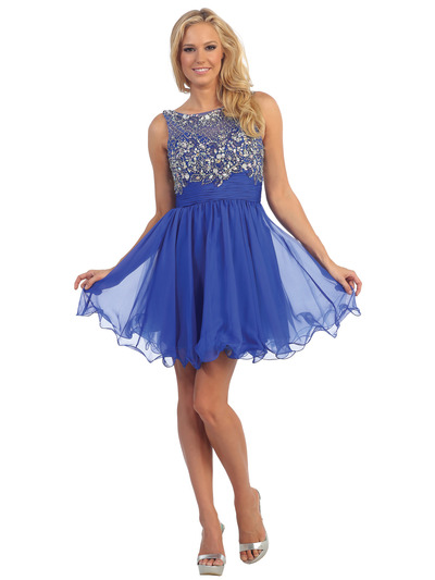 D8806 Darling Beads and Sequins Bodice Cocktail Dress - Royal Blue, Front View Medium