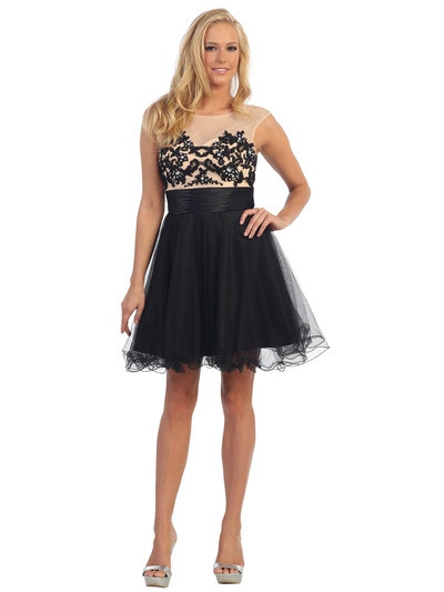 D8845 Sheer Illusion Embroidery Cocktail Dress - Black, Front View Medium