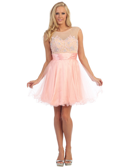 D8845 Sheer Illusion Embroidery Cocktail Dress - Blush, Front View Medium