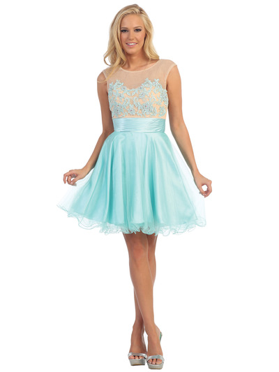 D8845 Sheer Illusion Embroidery Cocktail Dress - Mint, Front View Medium