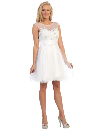 D8845 Sheer Illusion Embroidery Cocktail Dress - White, Front View Medium