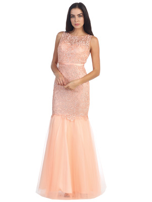 D8851 Lace Overlay Sleeveless Prom Dress, Peach
