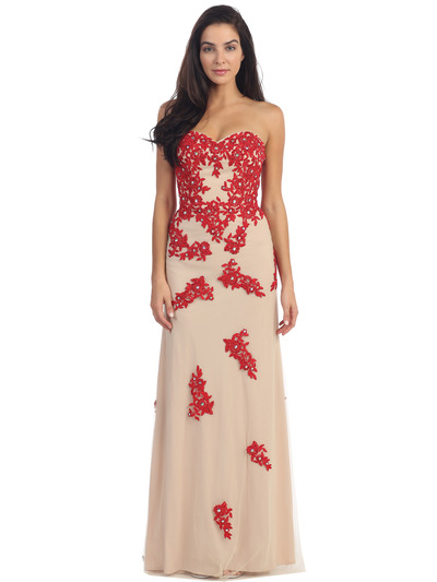 D8856 Strapless Sweetheart Embroidery Evening Dress - Red Nude, Front View Medium
