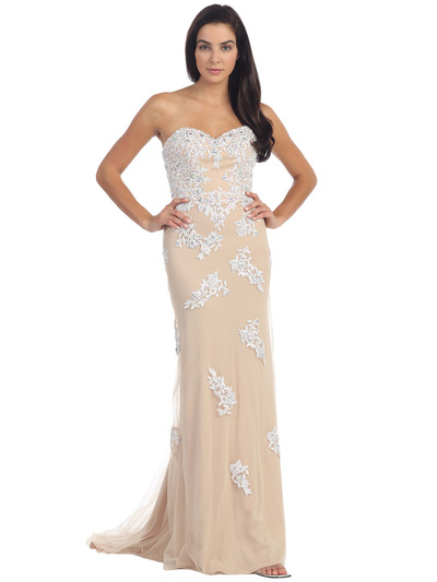 D8856 Strapless Sweetheart Embroidery Evening Dress - White Nude, Front View Medium