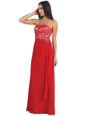 D8921 Lace Overlay Faux Wrap Evening Dress, Red