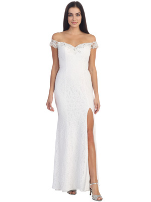 D8927 Drop Shoulder Lace Evening Dress with Slit, White