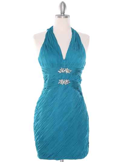 DPR1329 Ruched Halter Cocktail Dress - Teal, Front View Medium