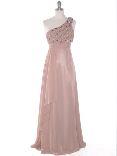 DPR1279 Rhinestone Braided Bodice Empire Waist Evening Dress - Beige, Front View Medium