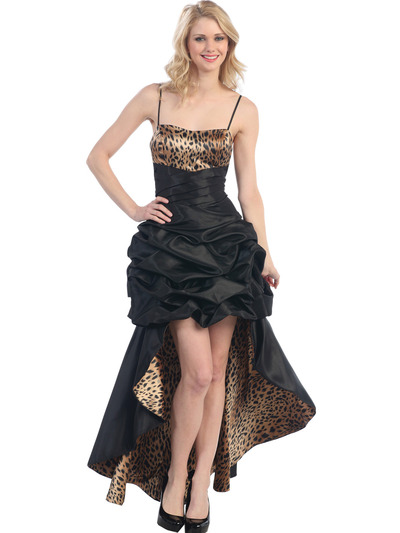 E1788 Animal Print High Low Evening Dress - Black Cheetah, Front View Medium