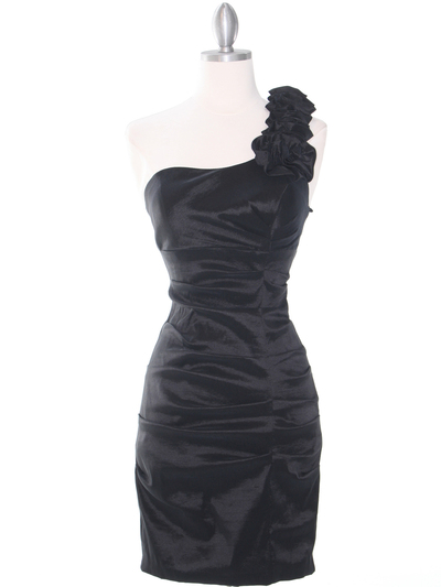 E1893 One Shoulder Rosette Cocktail Dress. - Black, Front View Medium