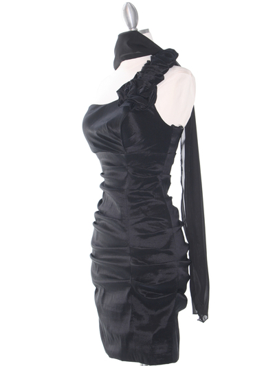 E1893 One Shoulder Rosette Cocktail Dress. - Black, Alt View Medium