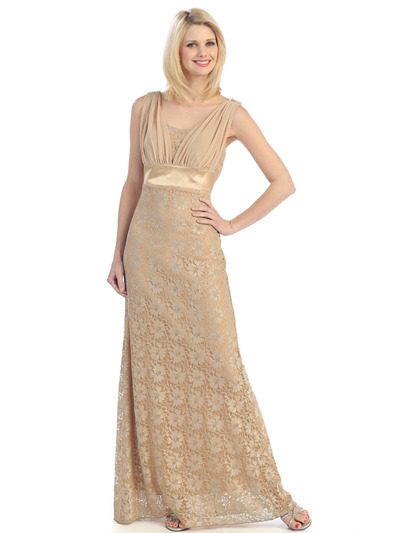 E1922 Lace Evening Dress - Gold, Front View Medium