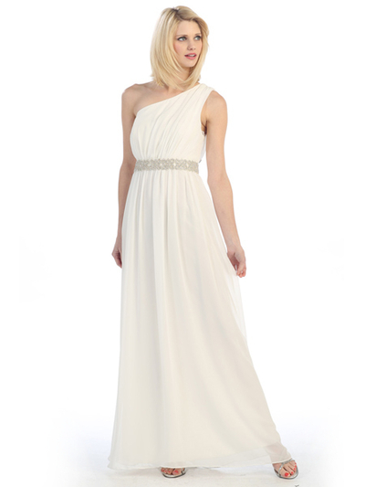 E1924 Grecian Inspired Offset Shoulder Chiffon Evening Dress - Off White, Front View Medium