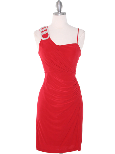 E1944 One Shoulder Asymmetrical Cocktail Dress - Red, Front View Medium