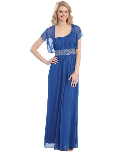 E1999 One Shoulder Evening Dress With Jacket - Royal Blue, Front View Medium