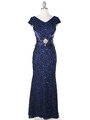 E2003 Lace and Satin Cap Sleeve Evening Dress - Navy, Front View Thumbnail
