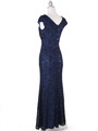 E2003 Lace and Satin Cap Sleeve Evening Dress - Navy, Back View Thumbnail