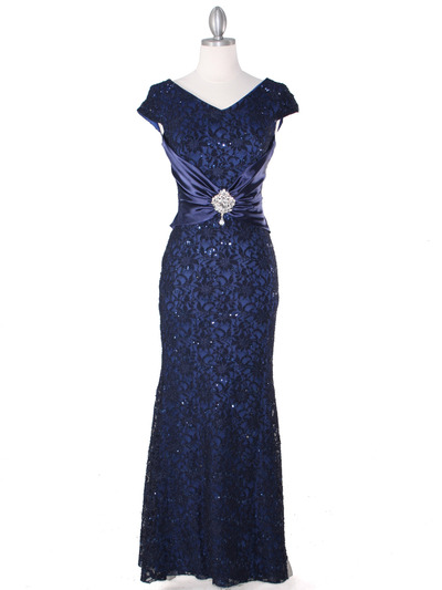 E2003 Lace and Satin Cap Sleeve Evening Dress - Navy, Front View Medium