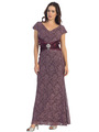 E2003 Lace and Satin Cap Sleeve Evening Dress - Plum, Front View Thumbnail