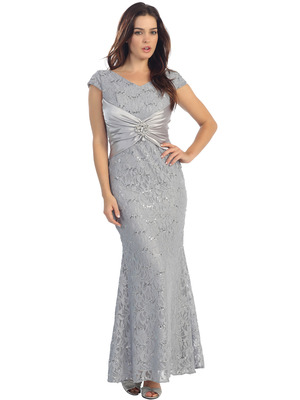 E2003 Lace and Satin Cap Sleeve Evening Dress, Silver