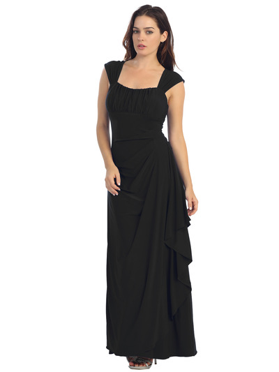 E2014 Pleated Bust Warp Skip Knitted Evening Dress - Black, Front View Medium