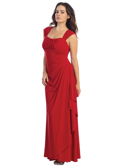 E2014 Pleated Bust Warp Skip Knitted Evening Dress - Red, Front View Medium