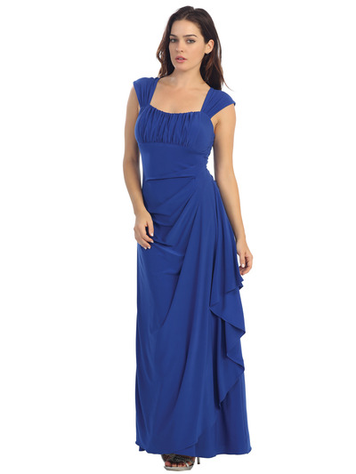 E2014 Pleated Bust Warp Skip Knitted Evening Dress - Royal, Front View Medium
