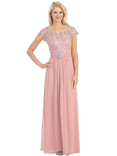 E2023-1 Lace Top Cap Sleeves Evening Dress - Dusty Rose, Front View Medium