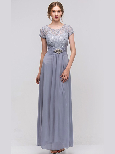 E2023-1 Lace Top Cap Sleeves Evening Dress - Silver, Front View Medium